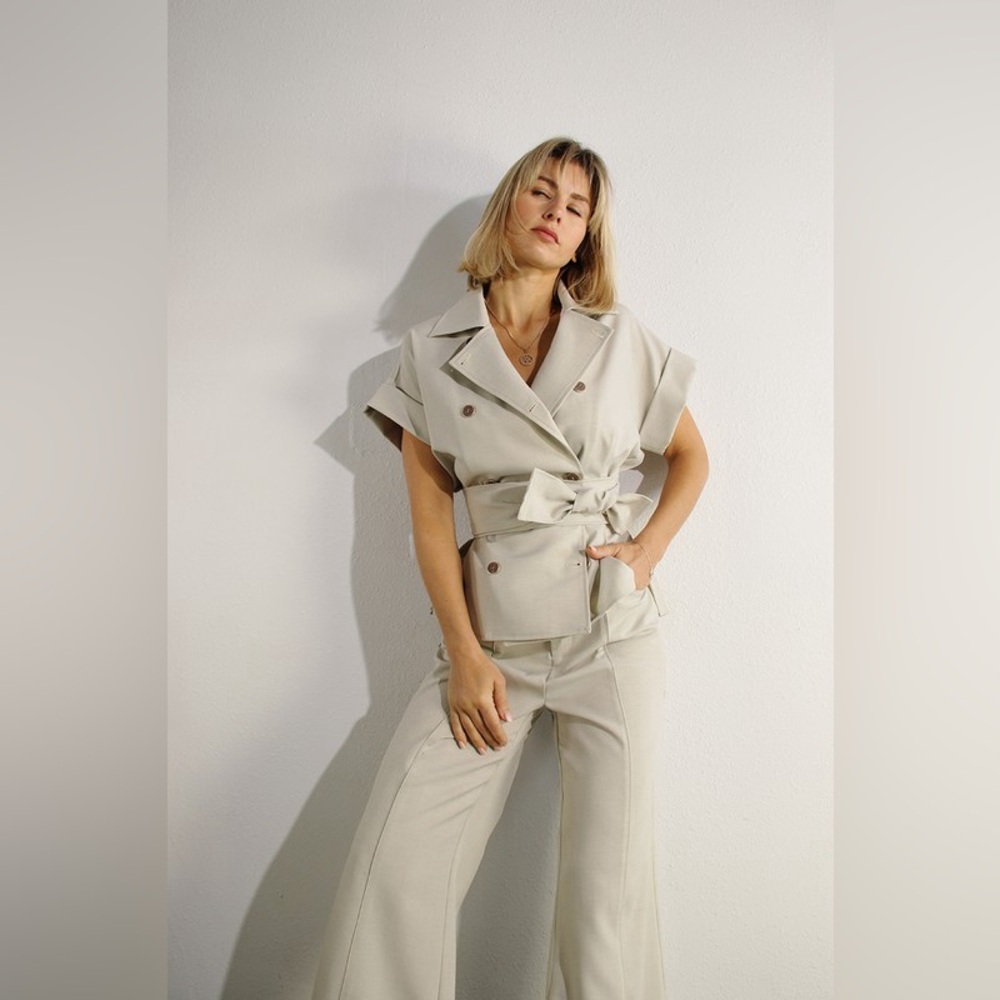 07. Pleats Double Button Jacket and Pant Set in Misty Dawn